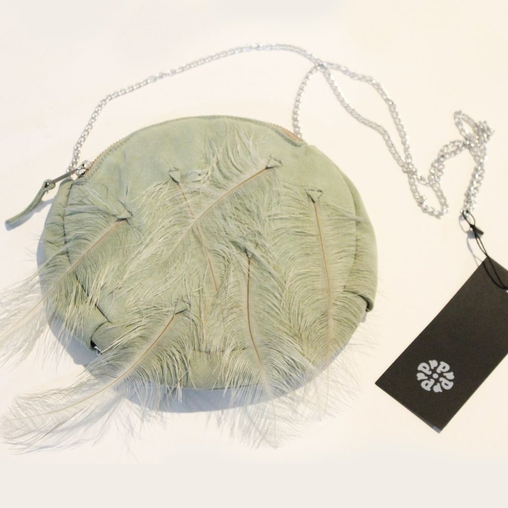 blue suede feather purse